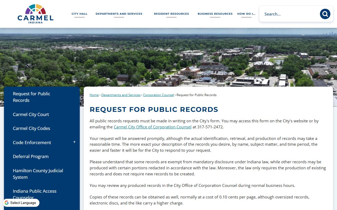 Carmel residents directory public records request page