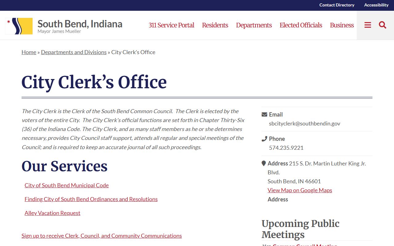 South Bend residents directory city clerk office page