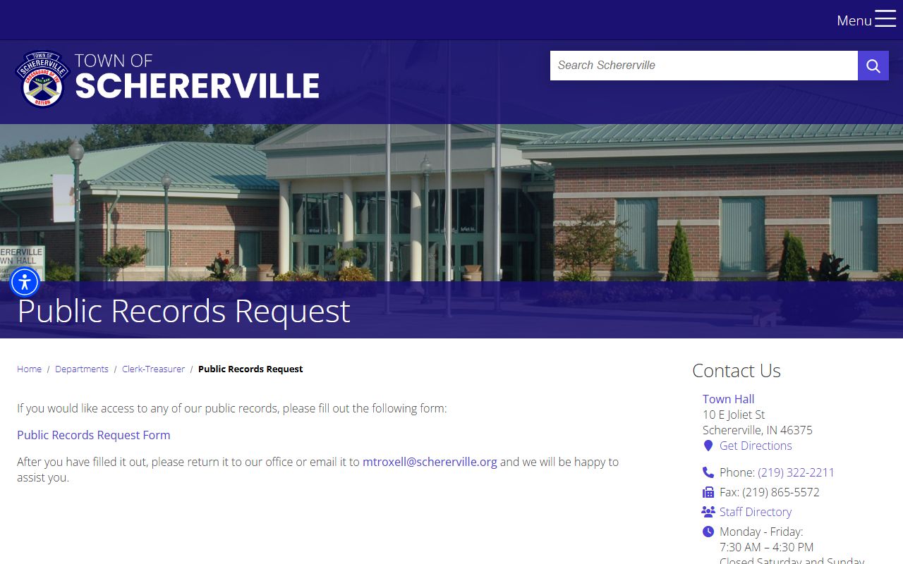 Schererville residents directory town records request page