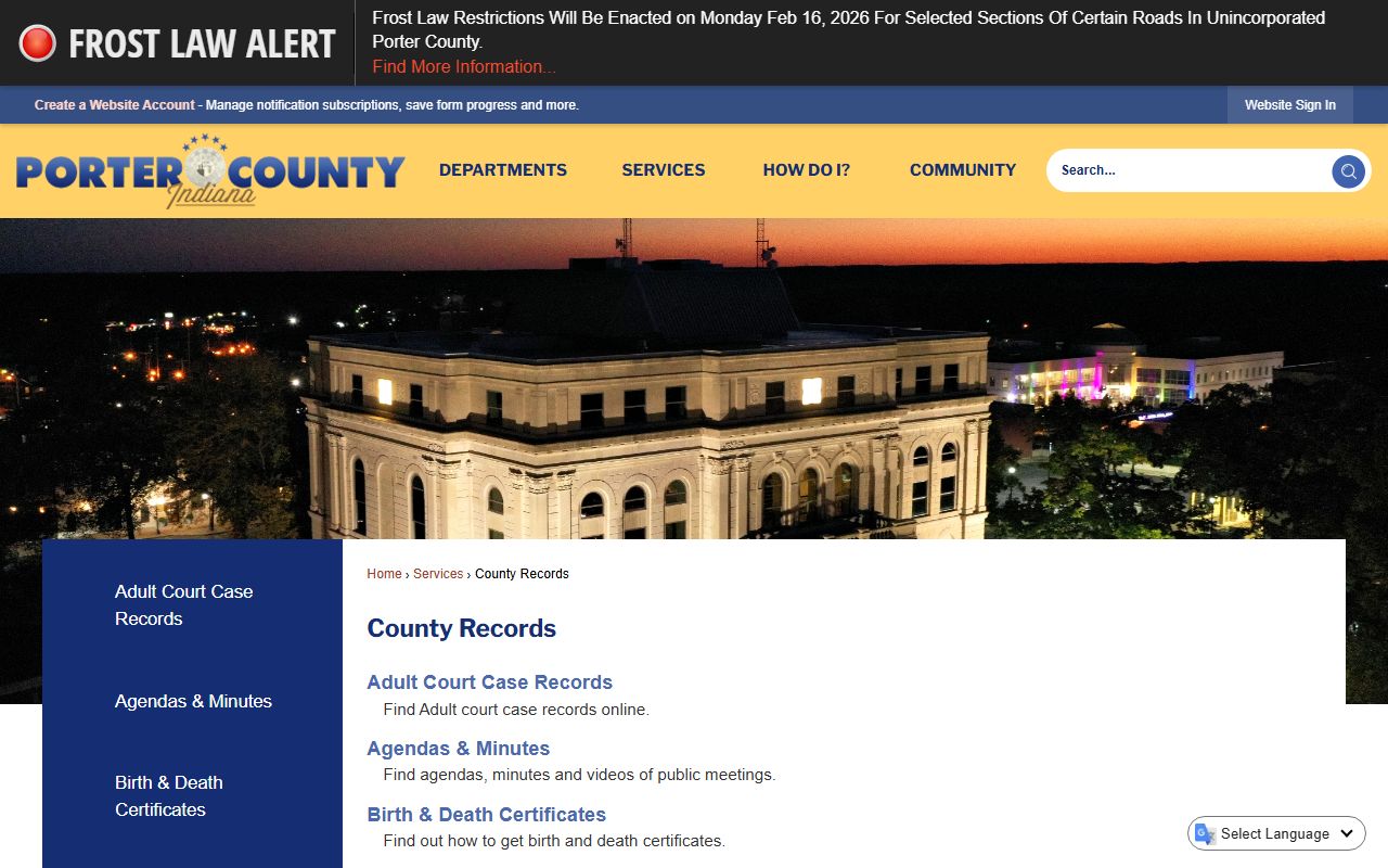 Porter County residents directory county records search page