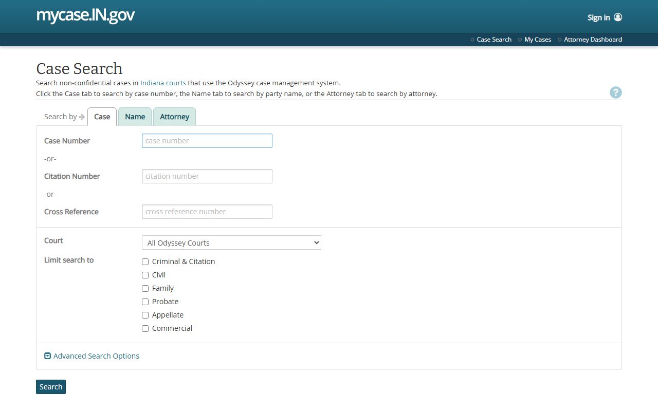 Indiana residents directory court case search portal at mycase.in.gov