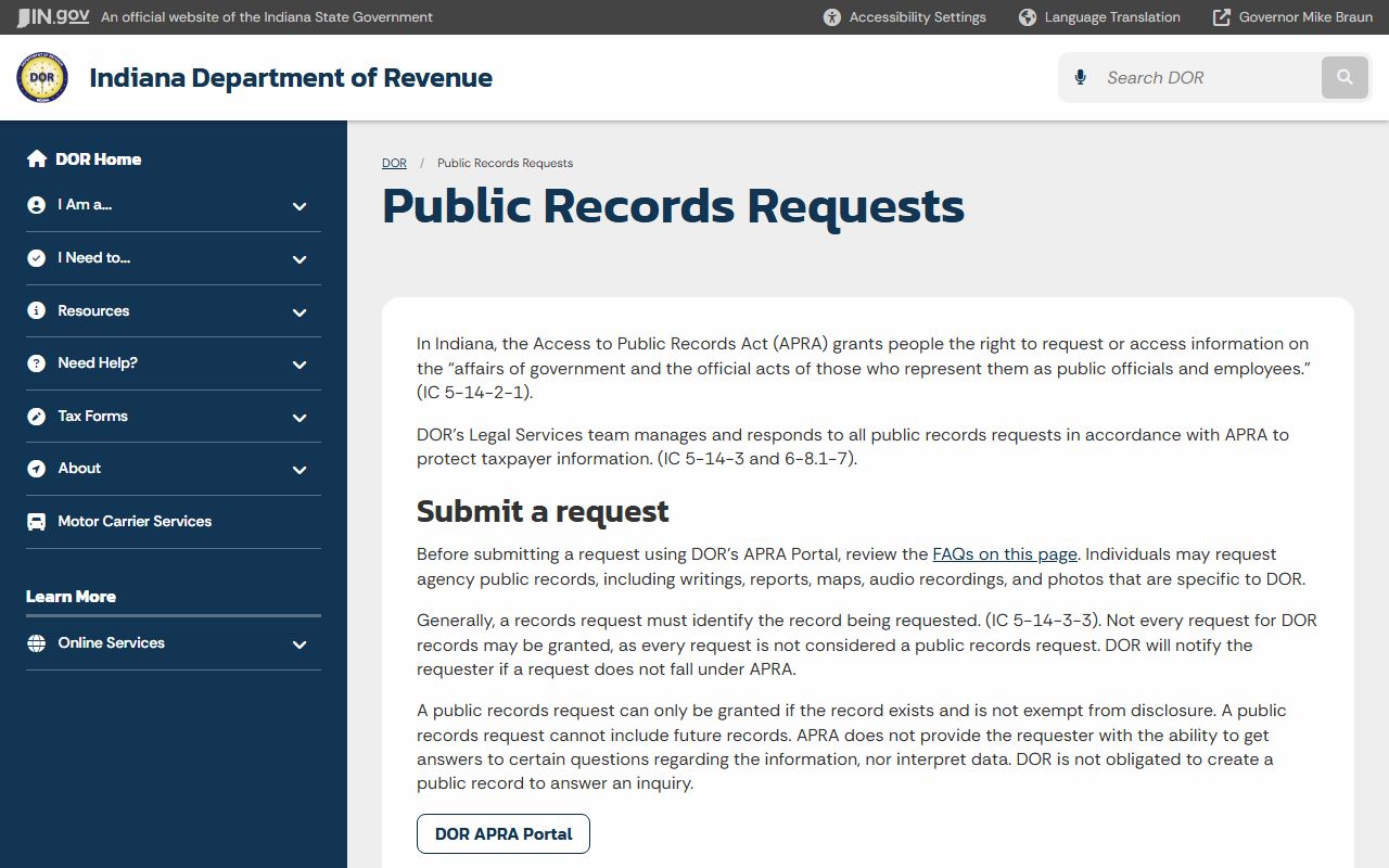 Indiana residents directory state agency records request page